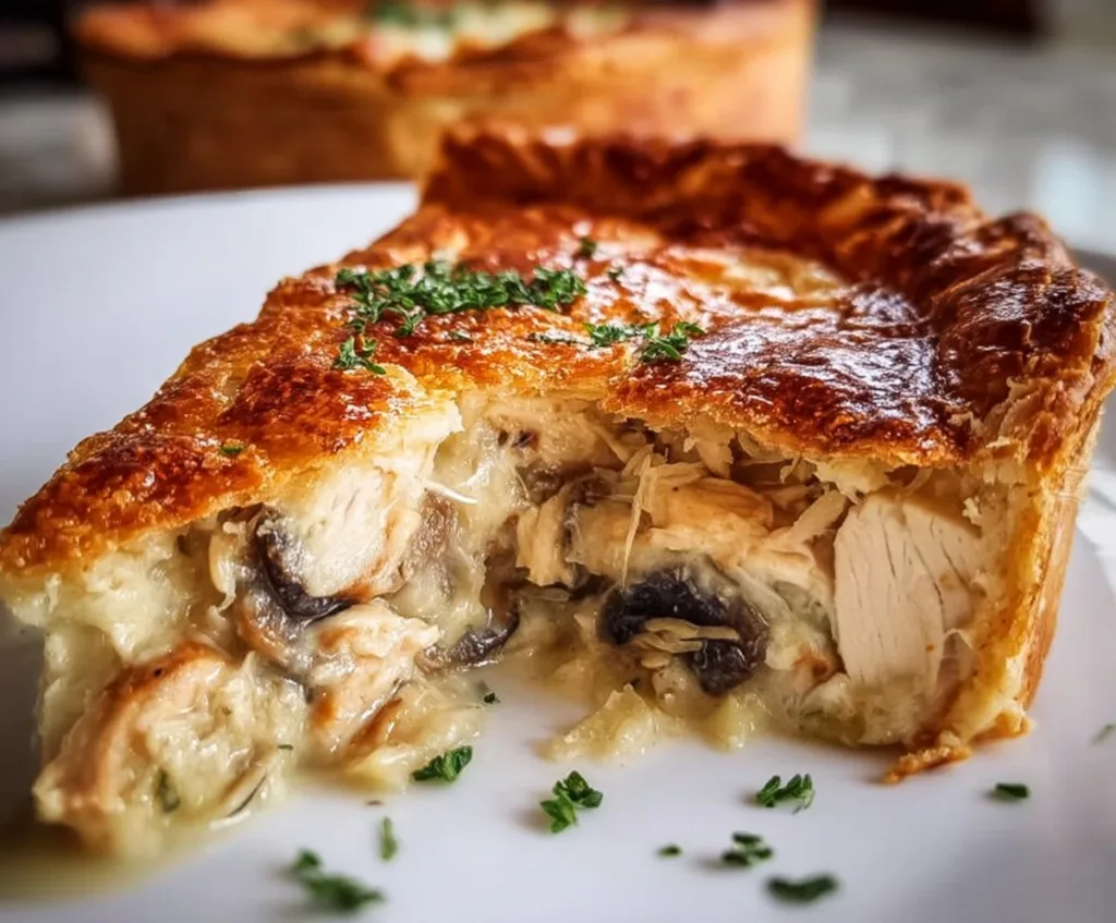 French Chicken and Mushroom Pie garnished with herbs on a plate.
