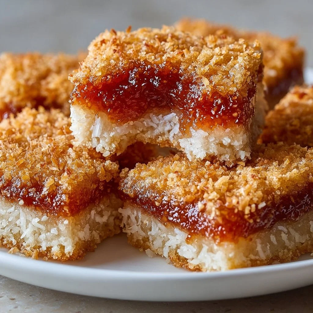Delicious Grandma's coconut jam bars with a rich coconut topping and sweet jam layer.