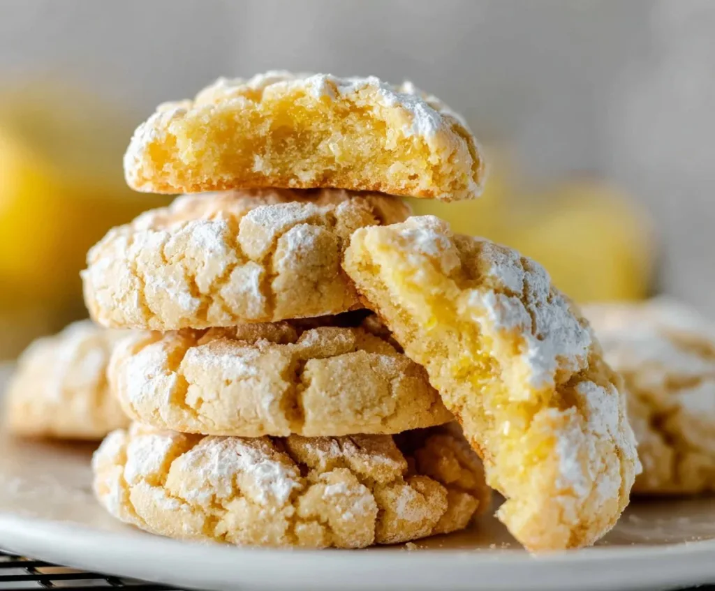 Freshly baked Lemon Crinkle Cookies on a cooling rack.