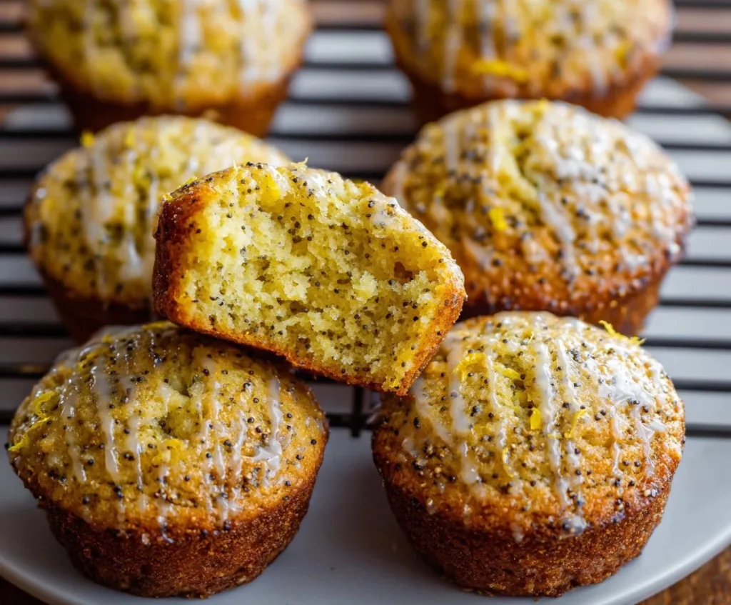 Freshly baked lemon poppy seed muffins on a cooling rack