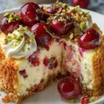 Luscious lemon-lime cherry pistachio cheesecake with a vibrant topping
