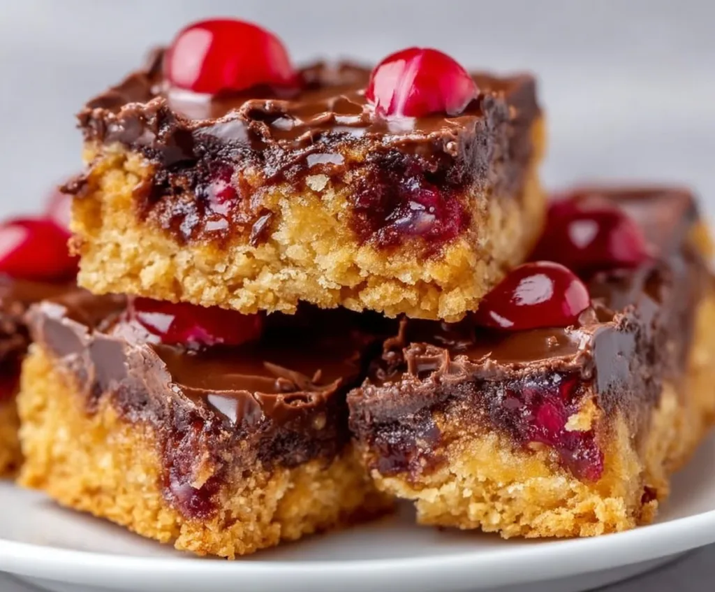 Delicious no-bake cherry chocolate bars topped with chocolate and cherries.