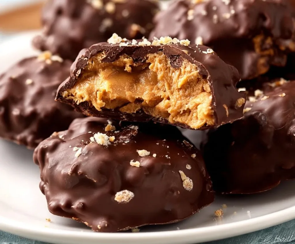 Delicious Peanut Butter Chocolate Clusters arranged on a plate.