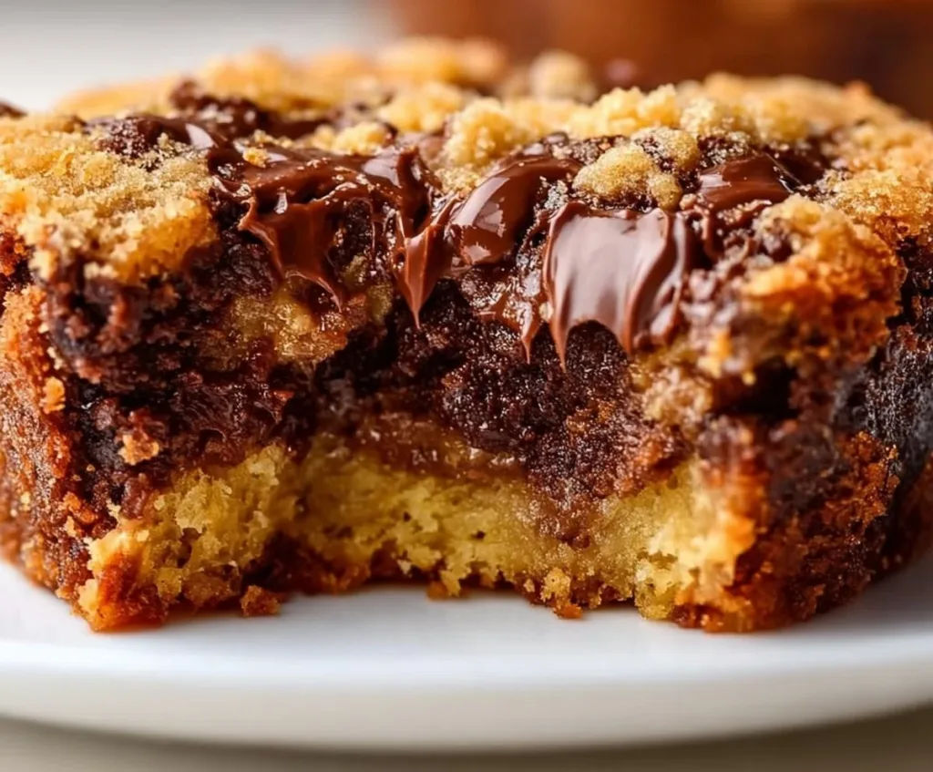 Peanut Butter Cup Dump Cake topped with chocolate and peanut butter frosting