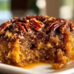 Delicious Pecan Pie Dump Cake plated with cream and pecans