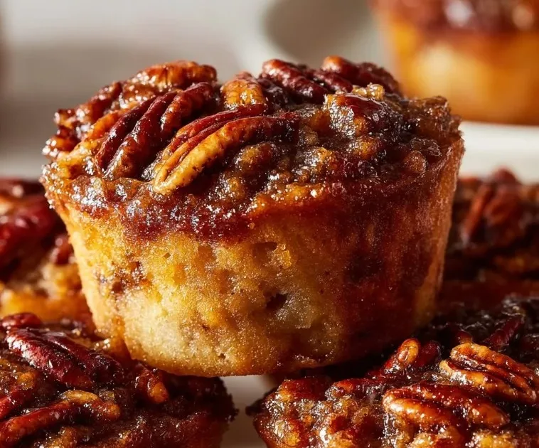Freshly baked pecan pie muffins served on a rustic wooden table