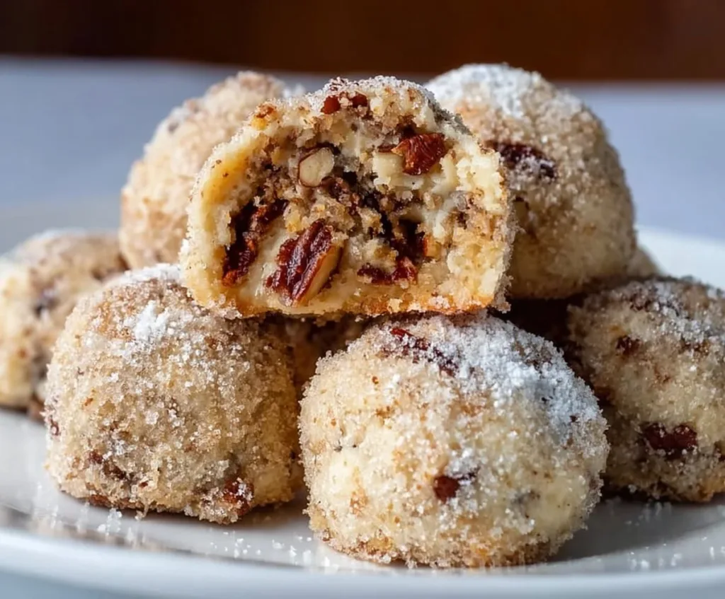 Delicious pecan snowballs cookies dusted with powdered sugar.