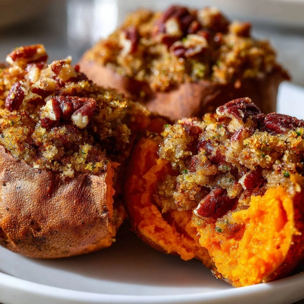 Delicious pecan-stuffed sweet potatoes garnished and ready to serve.
