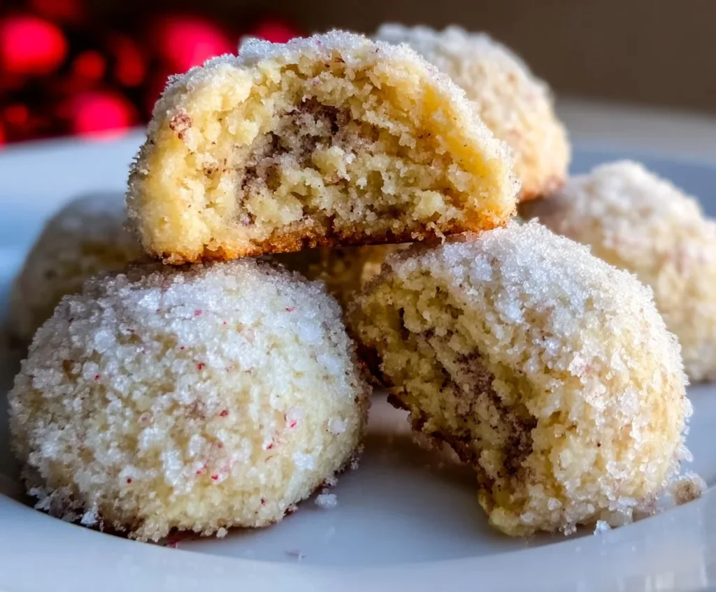 Freshly baked peppermint snowball cookies coated in powdered sugar