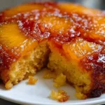A delicious slice of Pineapple Upside Down Cake with caramelized pineapple topping.