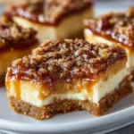 Delicious Praline Caramel Cheesecake Bars topped with crunchy praline