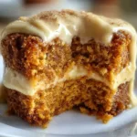 Pumpkin spice gooey cake with brown sugar cream cheese frosting on a plate