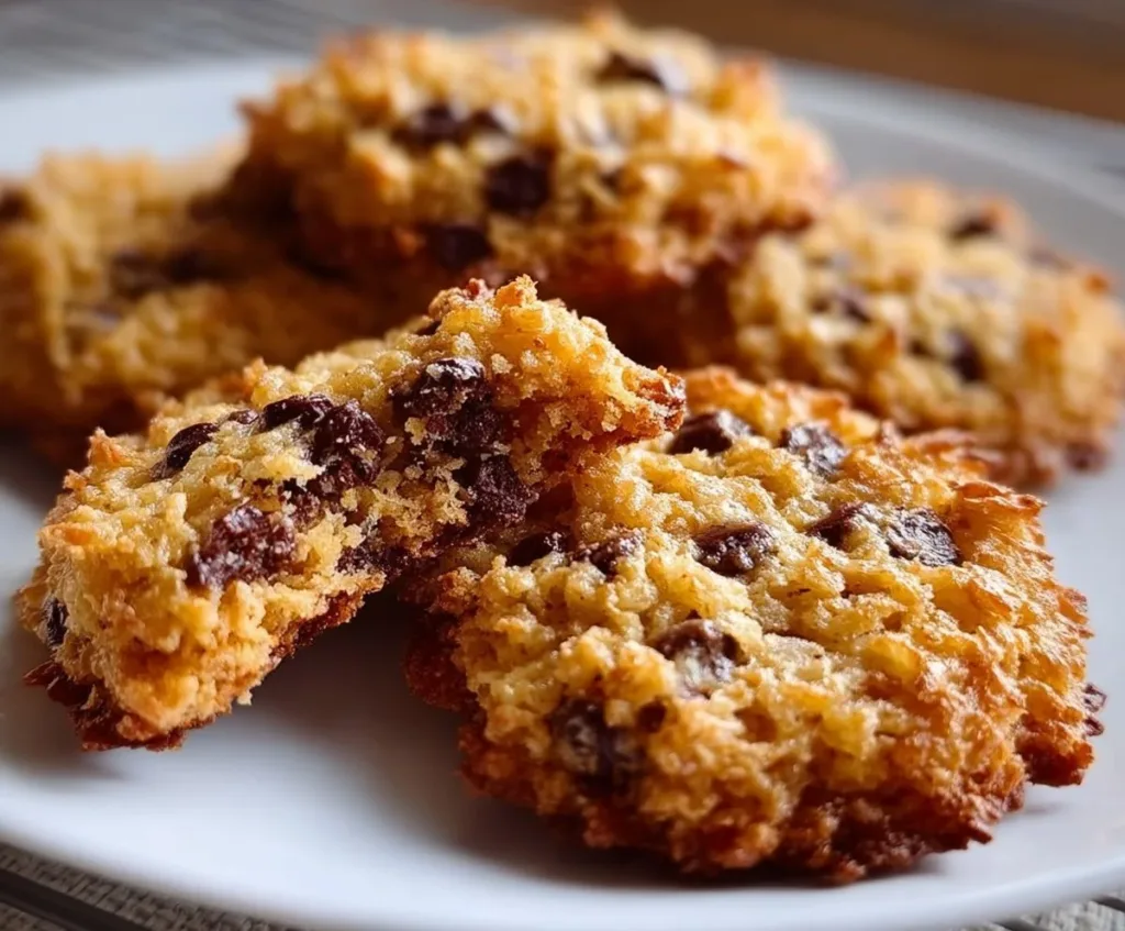 Delicious Rice Krispie chocolate chip cookies stacked on a plate