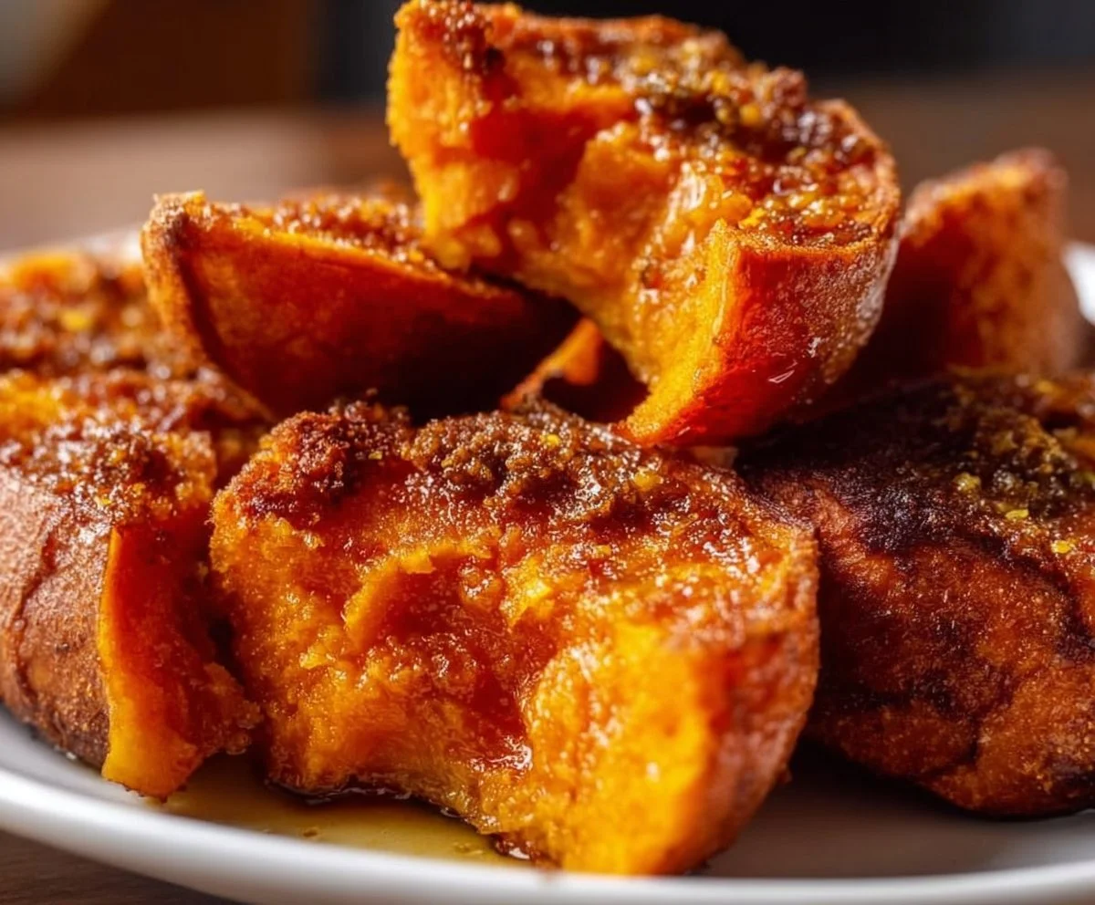 Roasted sweet potatoes drizzled with maple syrup on a plate