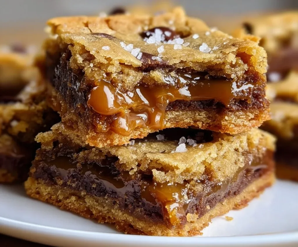 Salted Caramel Chocolate Chip Cookie Bars on a plate, topped with sea salt.