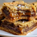 Salted Caramel Chocolate Chip Cookie Bars on a plate, topped with sea salt.