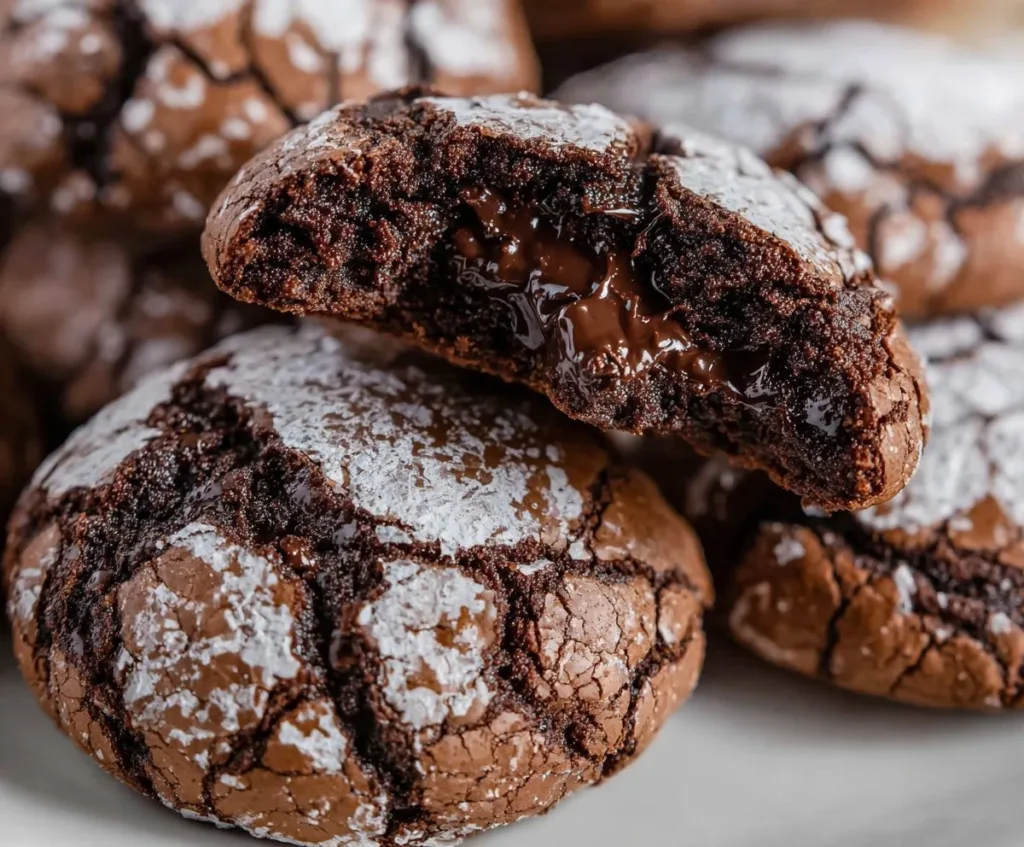 Delicious sourdough chocolate crinkle cookies on a cooling rack.