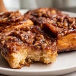 Freshly baked sourdough sticky buns drizzled with caramel sauce