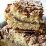 A delicious slice of the best coffee cake topped with streusel and served on a plate.