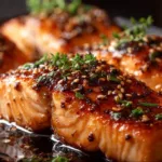 Honey garlic glazed salmon fillet with a sweet and savory sauce