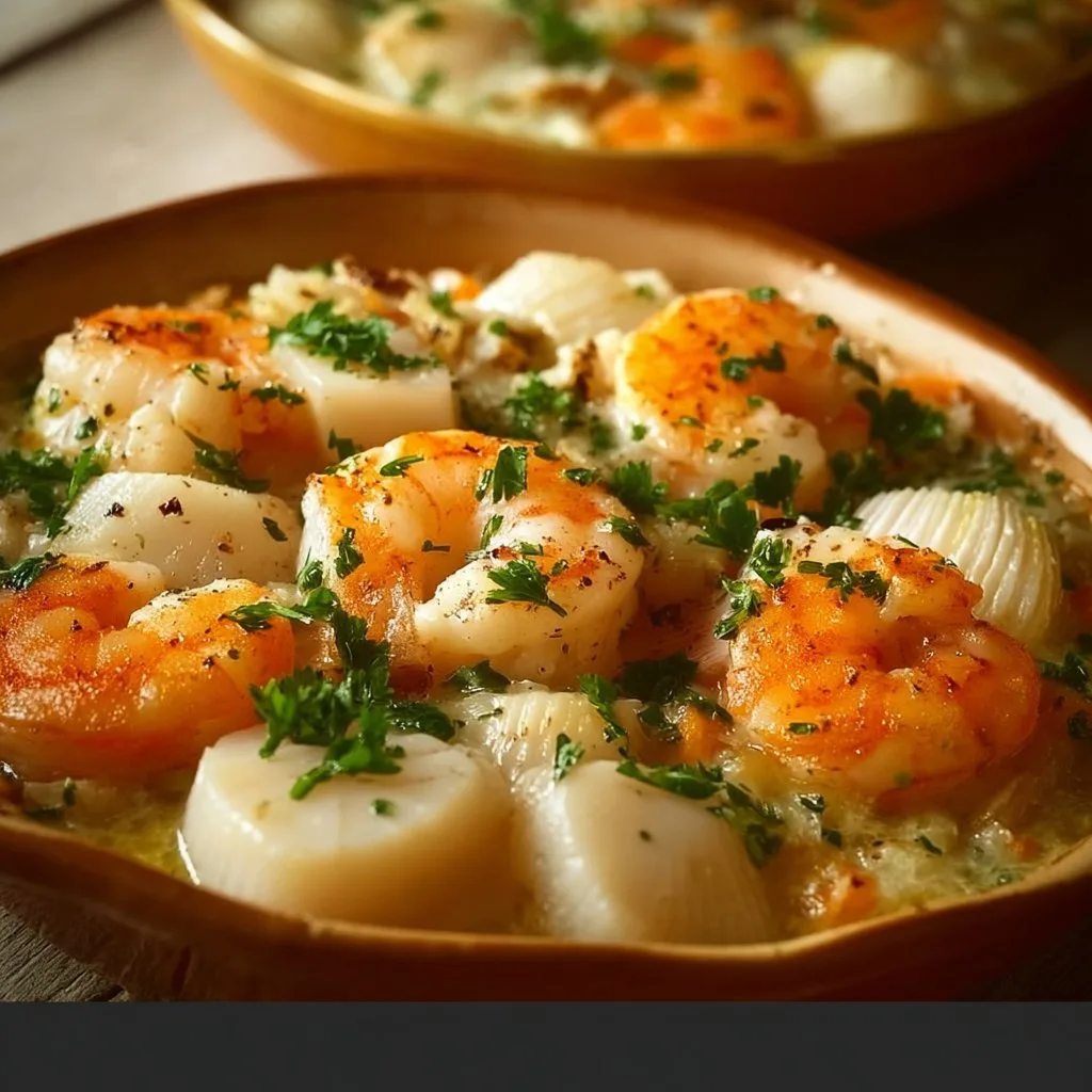 Seafood Casserole with Haddock, Scallops, and Shrimp in Creamy Swiss Cheese Sauce Recipe
