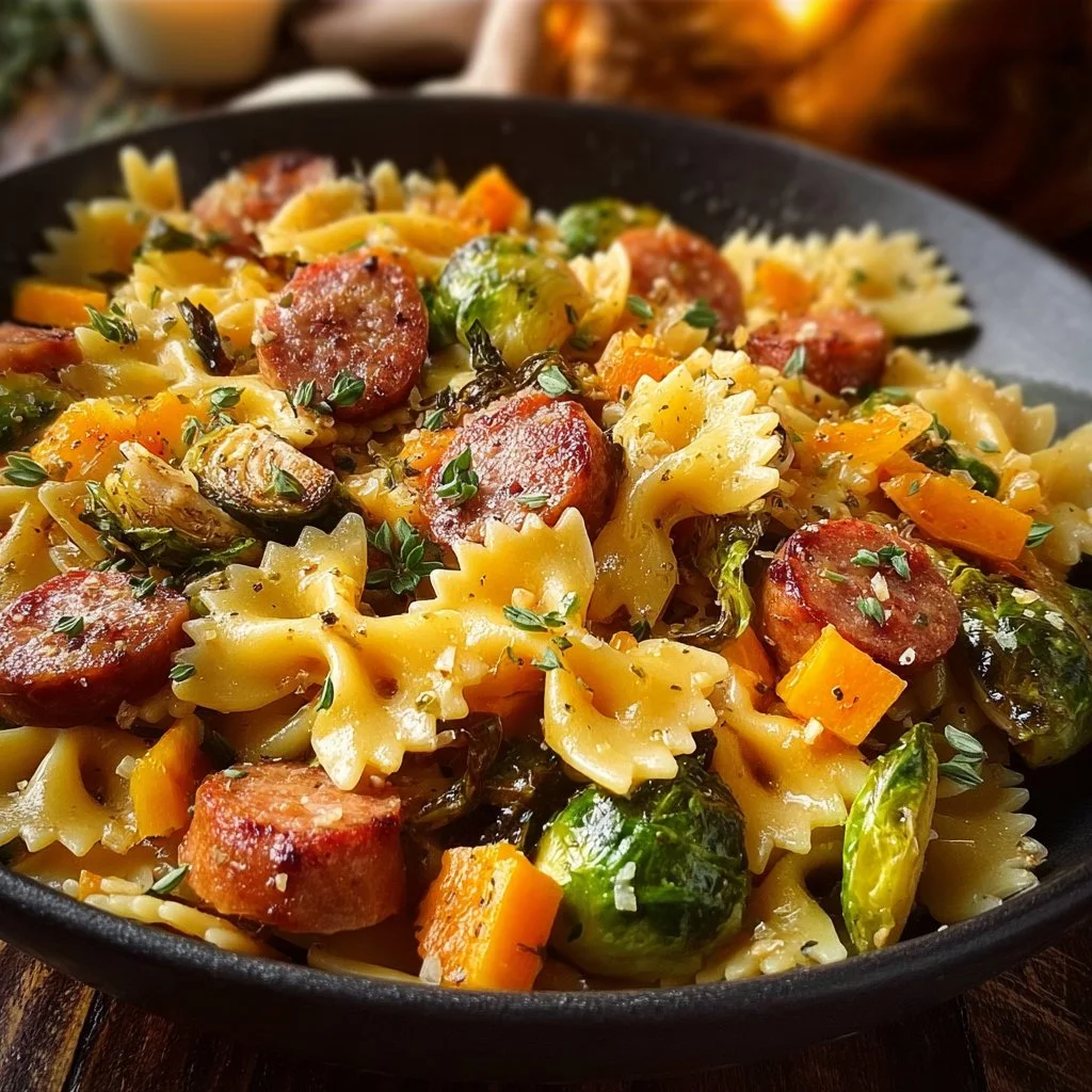 A delicious bowl of autumn sausage pasta squash with herbs and spices.