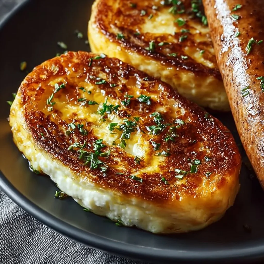 Baked cottage cheese eggs served on a plate with herbs and vegetables