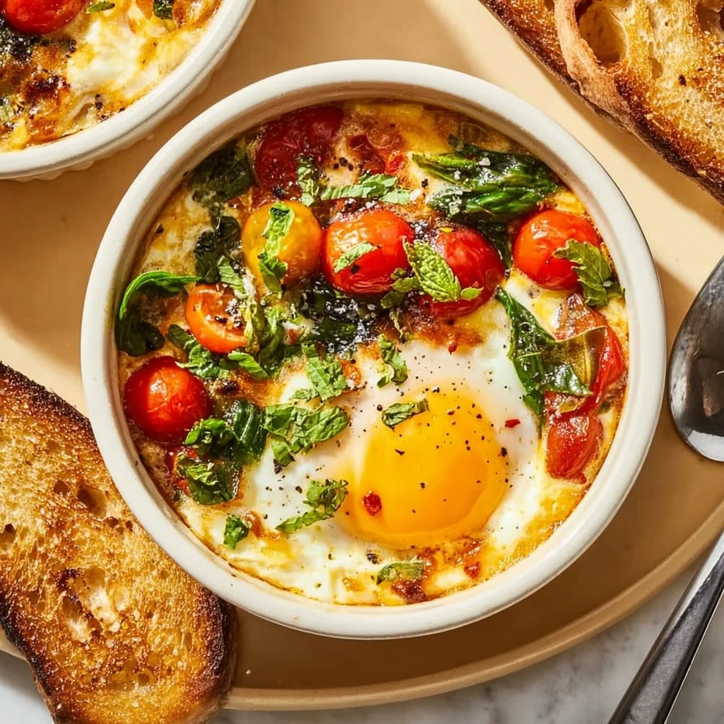 Baked feta eggs topped with tomatoes and spinach in a rustic dish