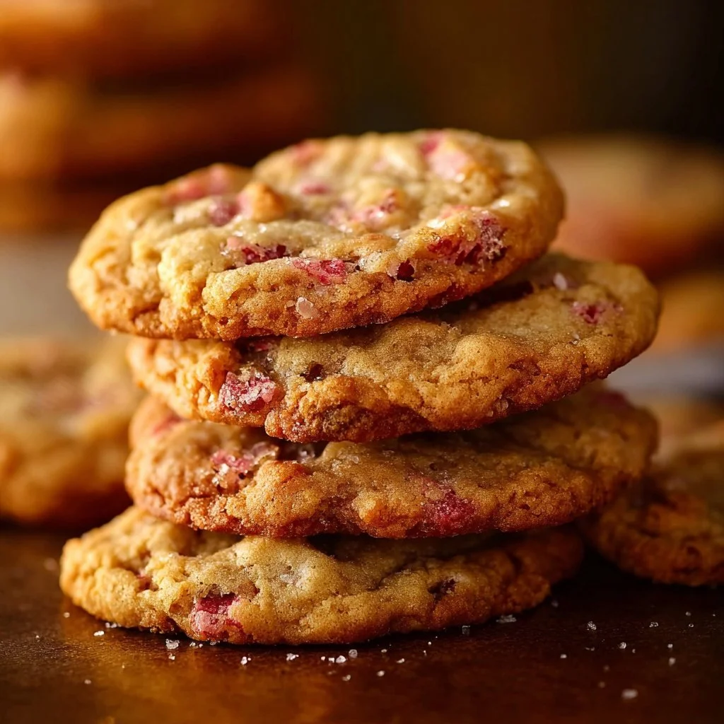Delicious homemade Brown Sugar Rhubarb Cookies on a cooling rack.