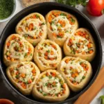 Cheesy baked vegetable rolls fresh out of the oven, garnished with herbs.