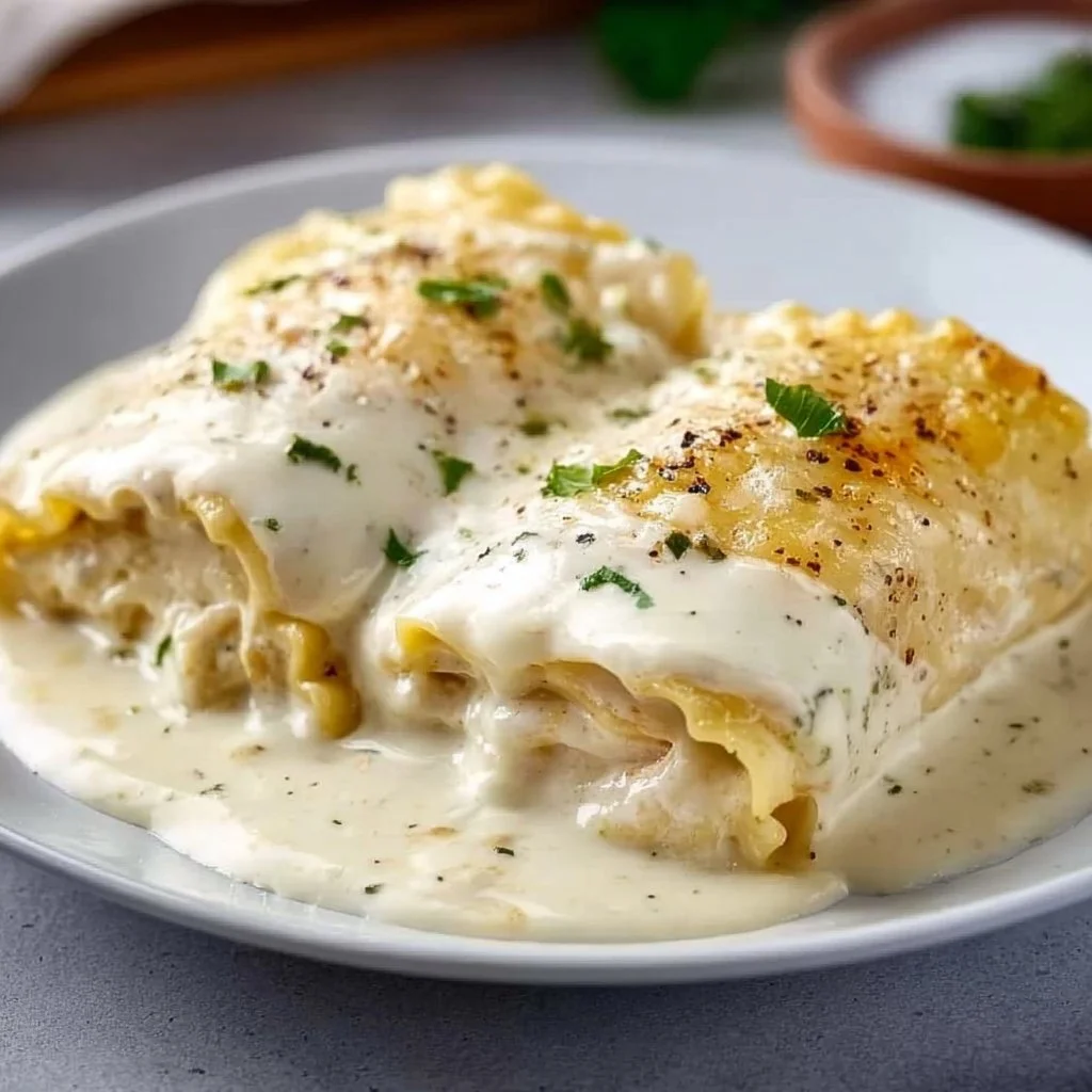 Cheesy Chicken Alfredo Lasagna Rolls on a plate ready to serve