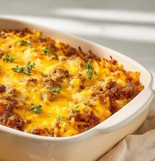 Cheesy ground beef hash brown casserole ready to serve