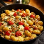 Chicken and Gnocchi Skillet Dinner served in a skillet with fresh herbs