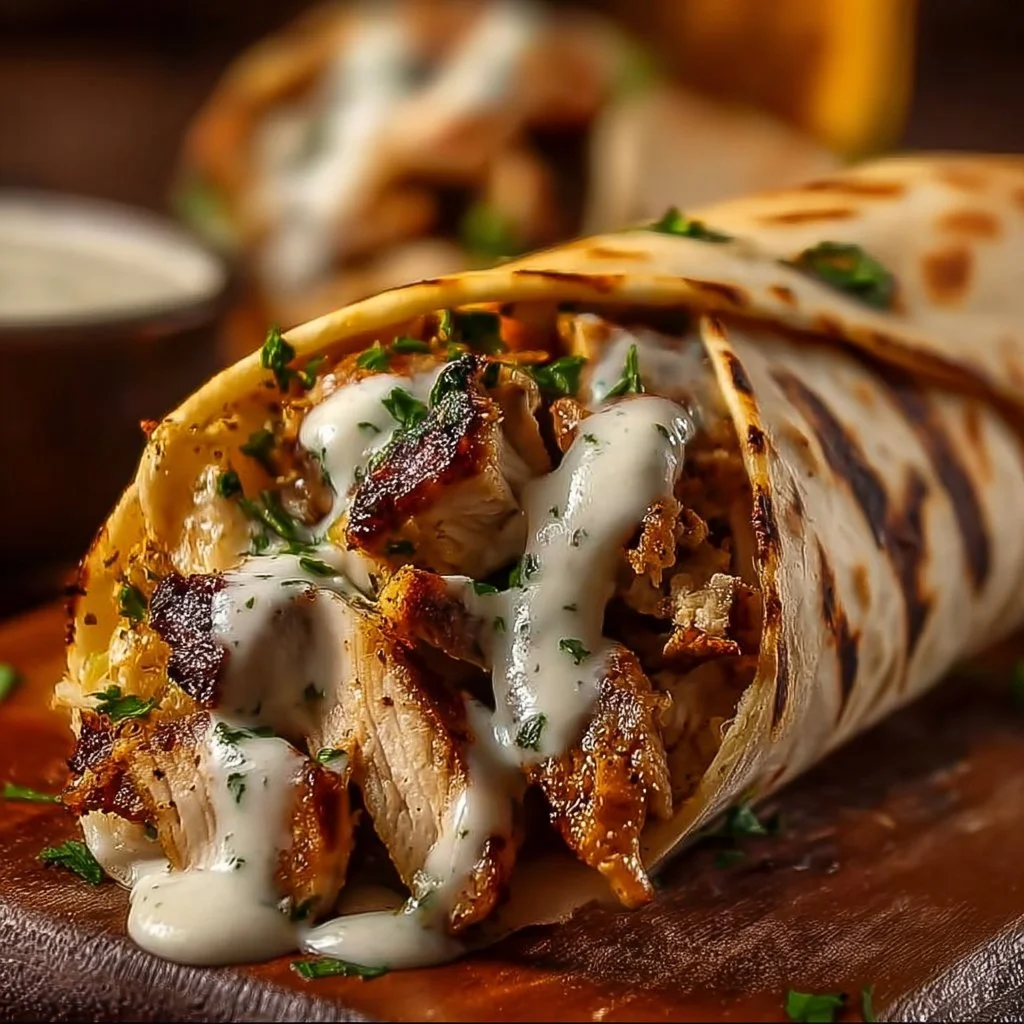 Delicious Chicken Shawarma served with homemade garlic sauce