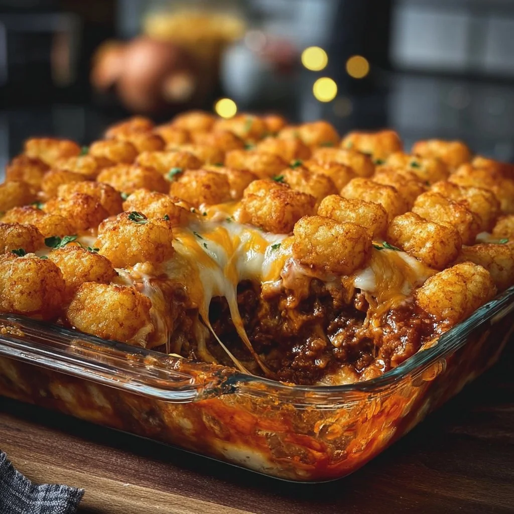 Delicious Chili Cheese Tater Tot Casserole served in a baking dish