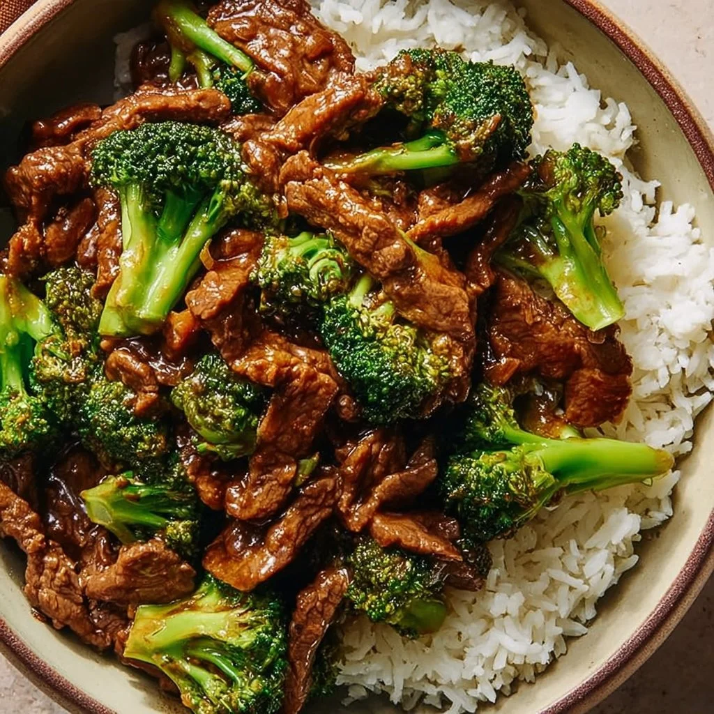 Plate of Chinese beef and broccoli stir-fry with tender beef and vibrant broccoli