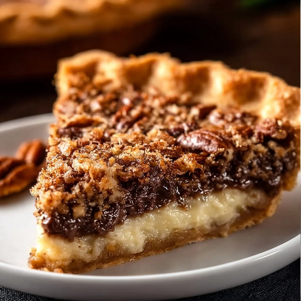 Delicious Chocolate Coconut Pecan Cream Pie with whipped cream and pecans garnish