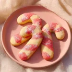 A plate of Christmas candy cane cookies decorated with peppermint stripes.