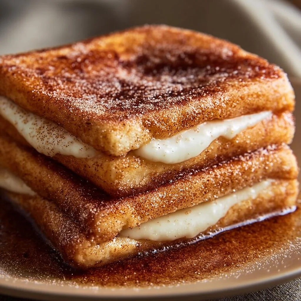 Churro stuffed French toast topped with cinnamon sugar and syrup on a plate