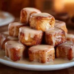 A plate of cinnamon roll French toast bites drizzled with icing and topped with cinnamon.