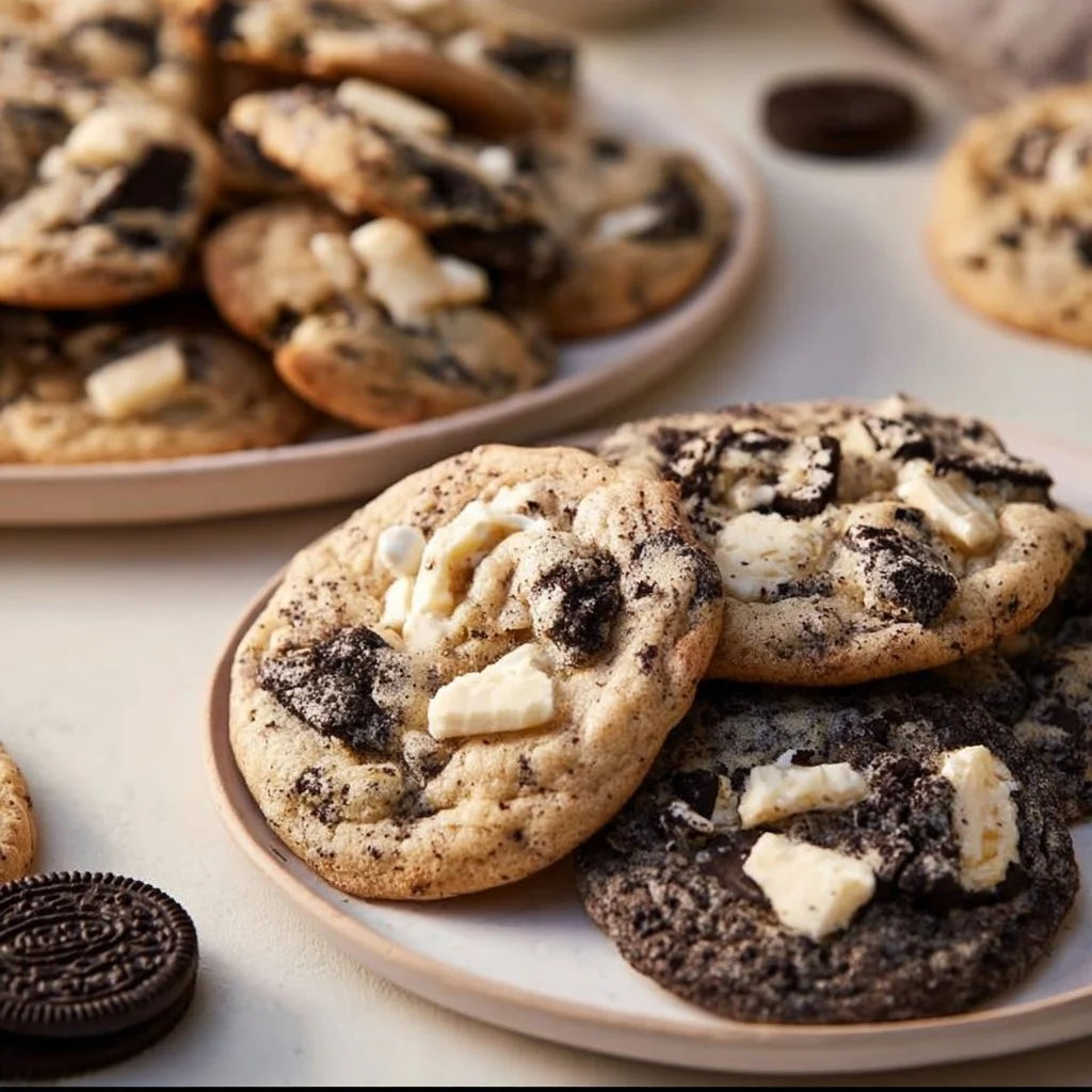 Delicious batch of homemade Cookies and Cream Cookies on a cooling rack.