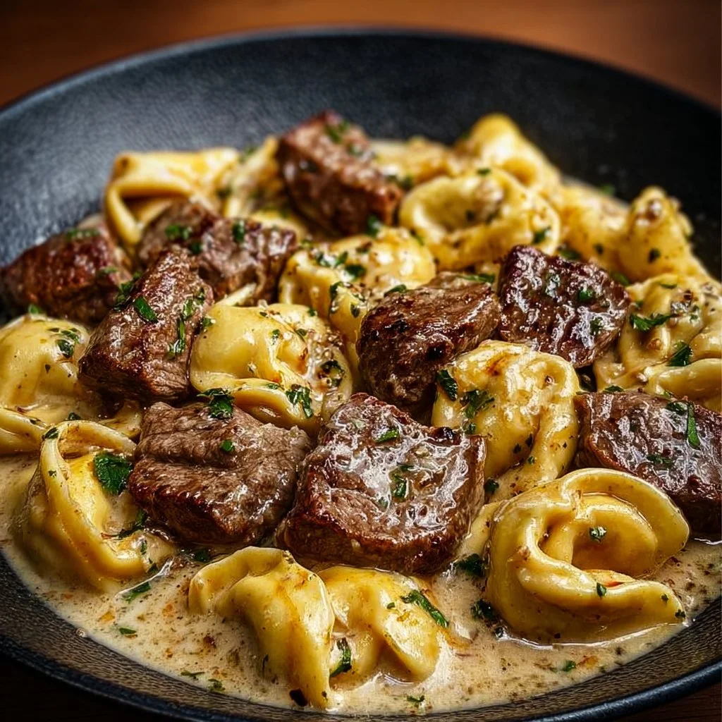 Delicious cracked garlic steak tortellini in creamy sauce served in a bowl.