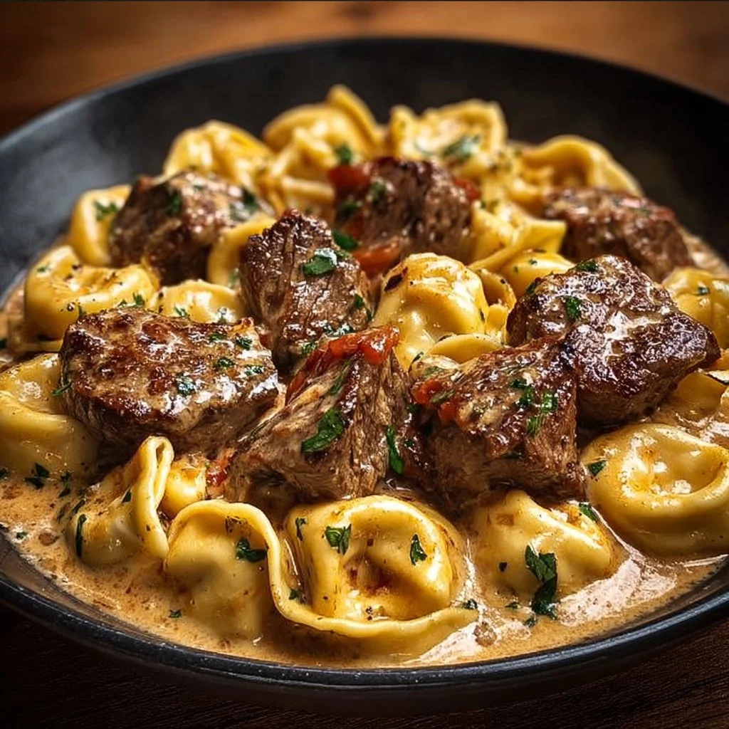 Delicious cracked garlic steak tortellini in creamy sauce served in a bowl