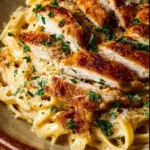 Creamy garlic chicken pasta served with herbs and cheese in a bowl.