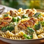 Creamy pasta with rotisserie chicken and broccoli in a bowl