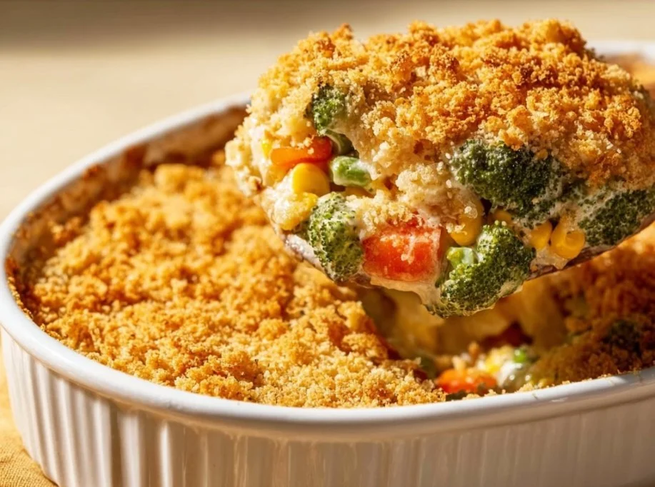 Creamy vegetable rice casserole topped with cheddar cheese and Ritz crackers