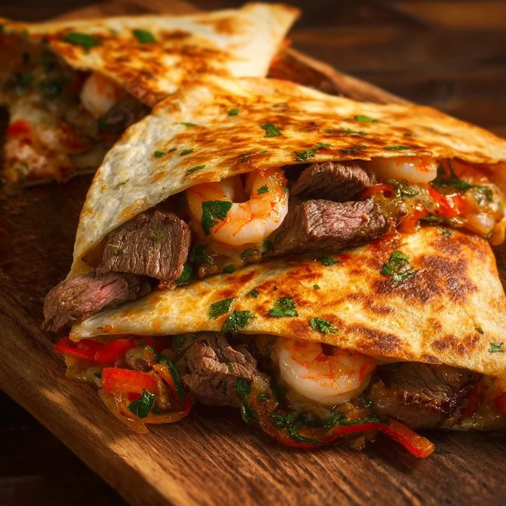 Delicious Creole Steak and Shrimp Quesadillas served with dipping sauce