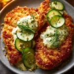 Crispy Dill Pickle Parmesan Chicken served with a side of pickles and dipping sauce.