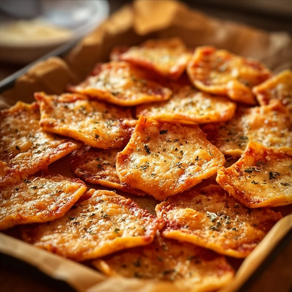 A close-up of crispy pizza chips on a plate, showcasing their crunchy texture and cheesy flavor.