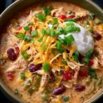 Bowl of Crockpot Cream Cheese Chicken Chili garnished with herbs